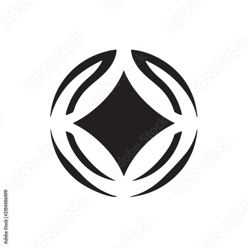 Black diamond shape inside a circular geometric frame isolated on white background