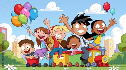 Diverse group of cheerful children enjoy a playful ride on a cartoon train.