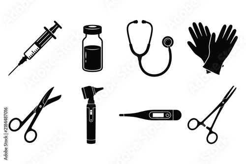 Medical Icons Set With Syringe And Stethoscope Keywords: medical, healthcare, icon, set, syringe