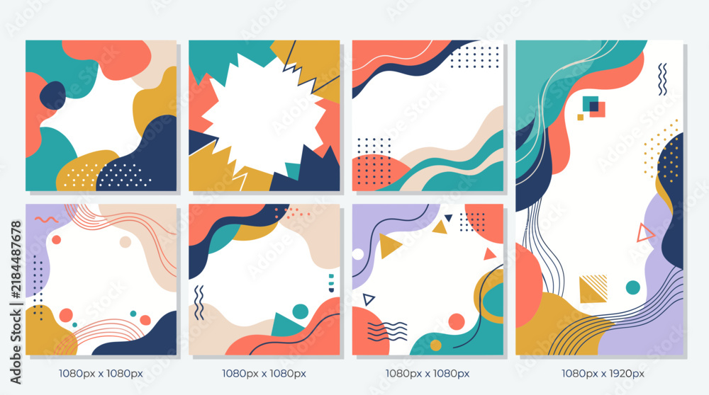 Fototapeta premium Abstract Fluid Social Media Post and Story Templates with Colorful Organic Shapes and Memphis Geometric Elements