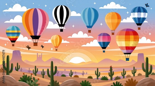 Numerous colorful hot air balloons drift across a desert landscape at sunset.