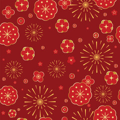 Tableau sur toile Chambre d’enfants Chinese New Year vector pattern with gold floral medallions, fireworks and circular festive ornaments on dark red background for cards, wrapping and celebration designs.  © TWINS DESIGN STUDIO