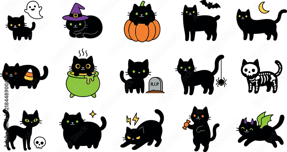 Obraz premium Cute Halloween black cat character set featuring spooky costumes pumpkin skeleton skull and ghost cartoon vector illustrations