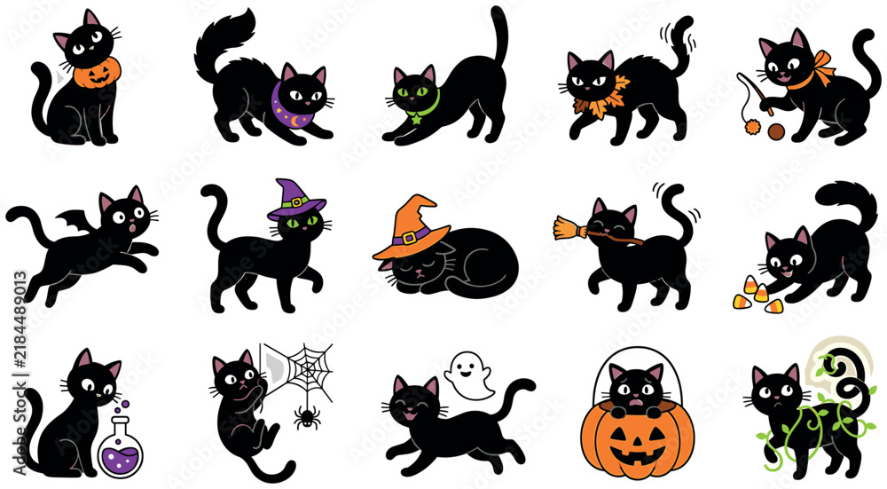 Obraz premium Cute Halloween black cat character set with witch hats pumpkins ghosts and autumn leaves cartoon vector illustrations
