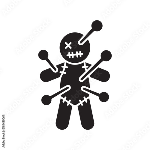 Black silhouette voodoo doll with pins flat vector icon isolated on white background