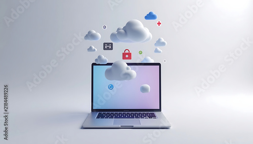 Digital cloud computing and data security concepts with laptop and icons for technology.