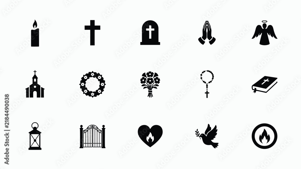 Fototapeta premium Fifteen black and white religious symbols arranged in clean grid pattern with Collection religious themed icons structured five three grid layout