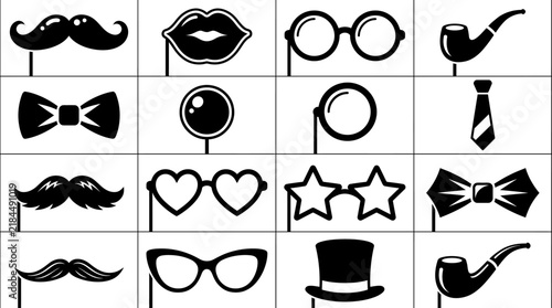 Collection of black silhouette photo booth props including mustaches, glasses, lips, and bow ties on sticks.