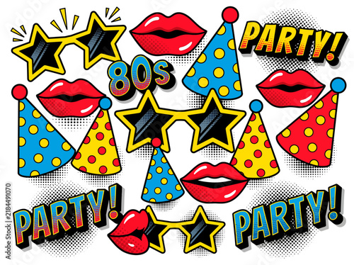 A vibrant collection of retro 80s party accessories including star sunglasses, red lips, and polka dot hats, with 