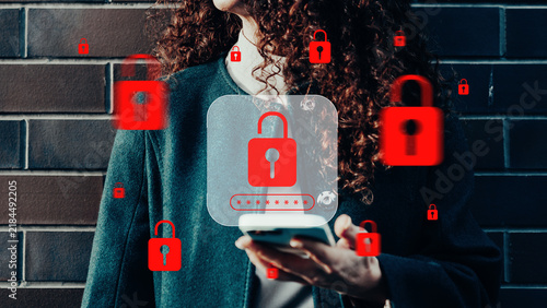 Konstfotografi Person holding a mobile phone with digital security locks in a city setting on a
