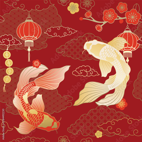 Chinese New Year vector pattern with koi fish, lanterns, circular ornaments and decorative floral details on red for festive cards, wrapping and holiday packaging.