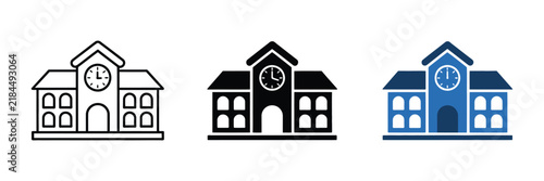 school building icon set with clock tower for education campus and academic design