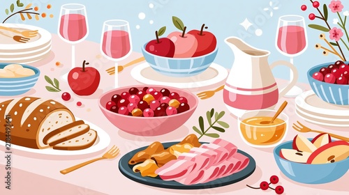 Festive harvest meal is presented on a table setting with abundance of food and drink.