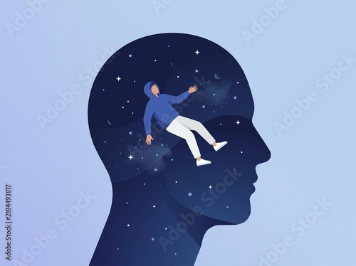 Human head silhouette with floating person inside cosmic space
