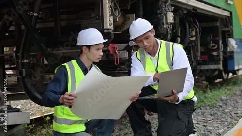 Construction workers inspecting technical drawings during railway track maintenance