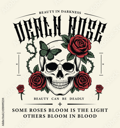 Death Rose Skull with Red Roses and Butterfly Vector Design for Streetwear Apparel and T-Shirt Graphic