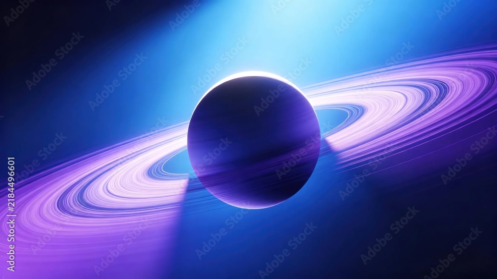 Fototapeta premium Dark purple planet with glowing purple white swirling rings in deep blue outer space, abstract futuristic cosmic astronomy and space exploration background