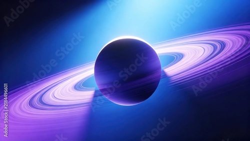 Dark purple planet with glowing purple white swirling rings in deep blue outer space, abstract futuristic cosmic astronomy and space exploration background