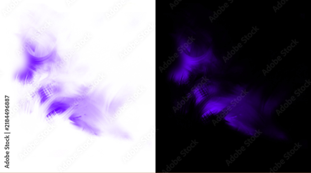Obraz premium Purple smoke effect on white and black background, ethereal violet mist textures, abstract glowing vapor trails for graphic design