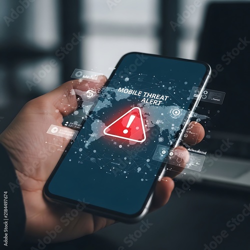 Close up of a hand holding a smartphone showing a red digital threat alert