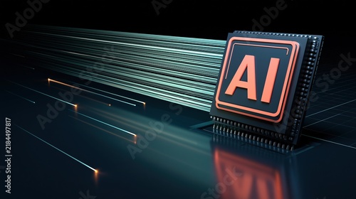 Obraz na płótnie Orange glowing AI text on computer processor chip with glowing motion speed lines on dark grid background, futuristic artificial intelligence computing technology concept