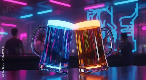 Glowing beer mugs clinking together in a cyberpunk bar with neon lights