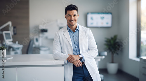 Male medical doctor smiling in a modern clinic exam room, physician, healthcare, hospital, professional, medicine