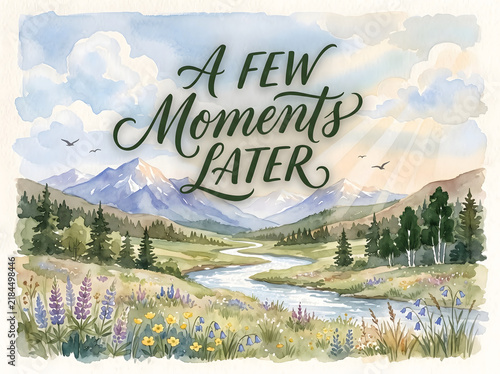 People Enjoying Scenic Mountain Landscape with River and Flowers