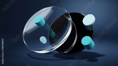Lens Optical Elements: A close-up of two optical lens elements, one clear and one dark, with teal cylindrical components and reflections, set against a dark blue background.