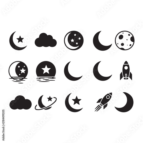 Space And Night Sky Vector Icons Set Moon Stars Cloud Rocket Launch.