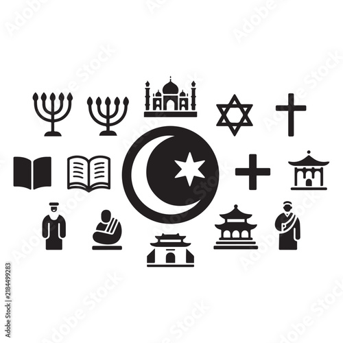 World Religion Vector Icons Set Symbols Mosque Cross Om Star Crescent Menorah. 