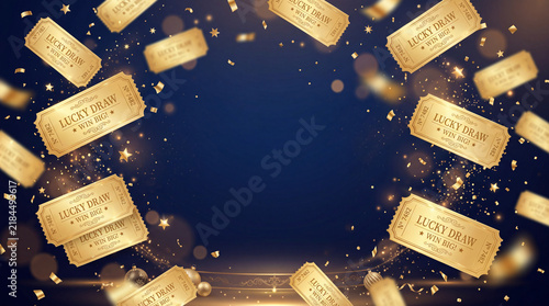 Golden lucky draw ticket floating with sparkling confetti and stars on dark blue background, festive and exciting celebration