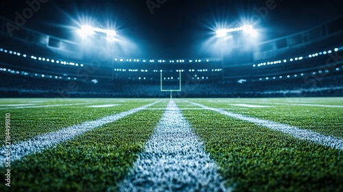 spectators. Nighttime football field with glowing stadium lights, green turf and shallow focus creating an atmospheric scene. event key visuals.