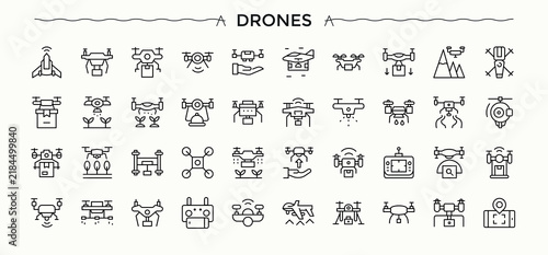 Drones icon set. Aerial modern icon set. Thin UI icons. Contains outline symbols like fly, flight, transport, aviation, technology and more. Pictogram and infographic.