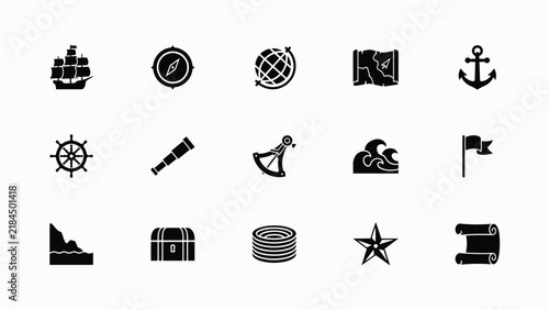 Classic nautical symbols and icons arranged in a clean organized grid layout with Black white line icons represent traditional maritime tools navigation symbols minimalist style