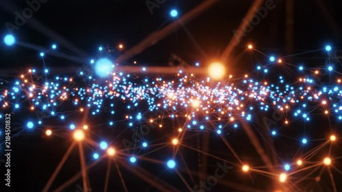 Vibrant digital network with interconnected blue and orange light particles.