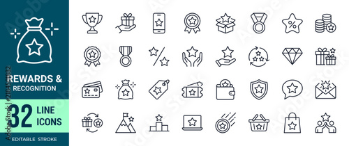 Rewards and recognition line icons, achievement, appreciation, employee motivation and success symbols, editable stroke