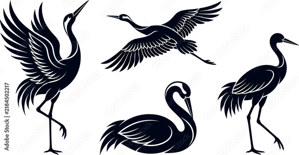 Fototapeta premium Japanese crane silhouette set featuring flying standing and resting elegant bird vector illustrations on white background