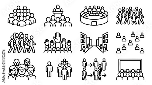 Crowd people and audience outline icon set
