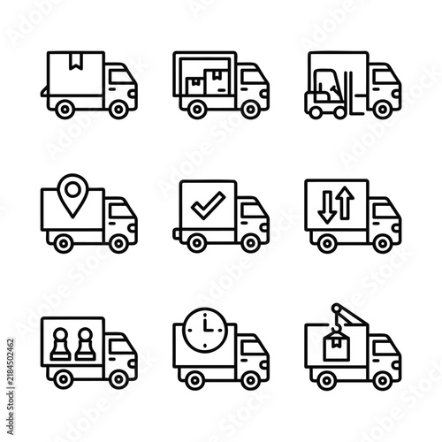 Delivery truck and logistics outline icon set