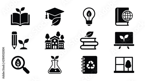 Foto Set of educational and environmental icons featuring books plants and science sy