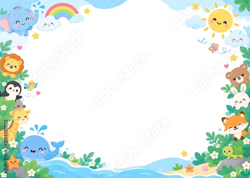 Whimsical cartoon animals frolic in a vibrant nature scene under a sunny sky with a rainbow