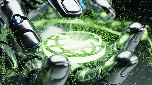 Glossy black robotic hands surround a glowing green digital coin, showing artificial intelligence, finance technology and secure blockchain innovation.