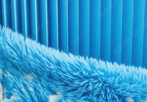 Blue shaggy fur texture overlaid on a vertical pleated paper background