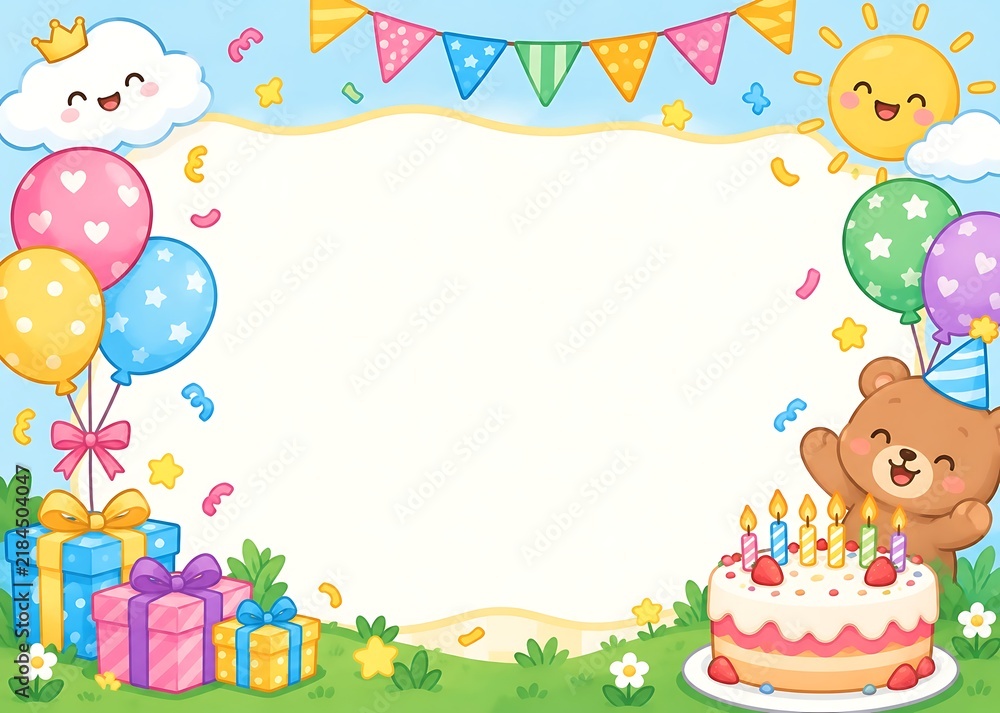 Fototapeta premium Cheerful bear, gifts, cake, balloons, sun, clouds, and bunting celebrate an event