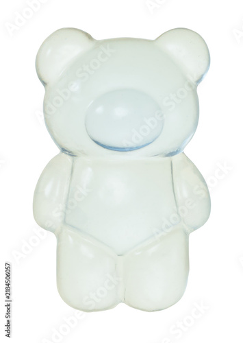 Konstfotografi Clear light blue teddy bear shaped object, cute translucent ornament on white