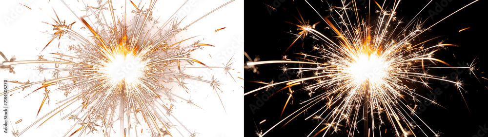 Obraz premium Png of bright burning sparkler firework isolated on transparent background and black background, festive celebration light effect