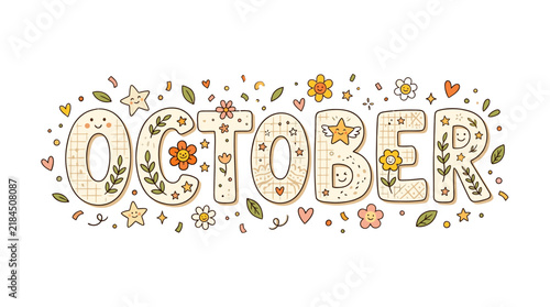 Cute October Text with Cartoon Elements