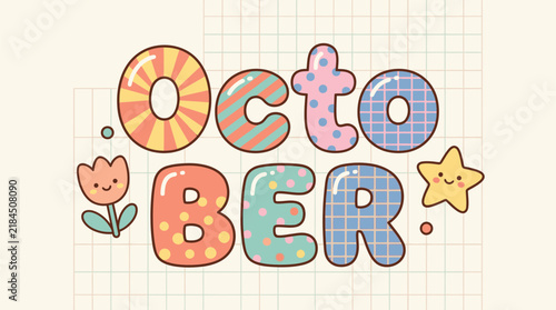 Cute October Text with Cartoon Elements