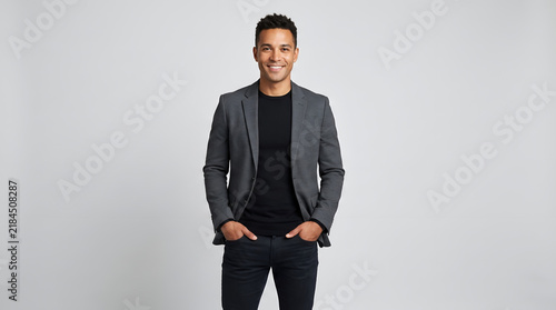 Smart casual young man smiling in studio, portrait, male, executive, professional, fashion